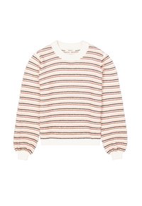 Suéter a rayas de tela suave, con líneas horizontales en rosa y marrón. Cuello redondo, mangas largas con puños fruncidos y bajo acanalado.