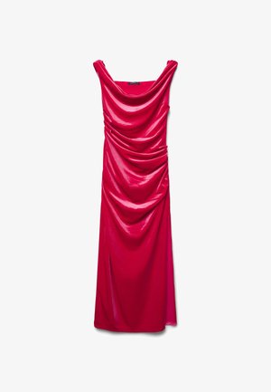 Rotes Satin-Abendkleid mit drapiertem Ausschnitt und gerafften Details an der Vorderseite, ärmellos mit einem langen Rock.