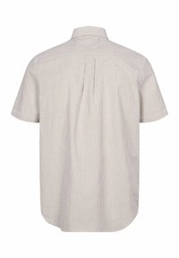 Košeľa s krátkym rukávom v béžovej a bielej vertikálnej pruhovanej podobe, s klasickým golierom, zadným skladaním a zakriveným lemom. Hladká tkanina.