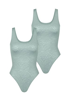 Maillots de bain à motifs vert clair avec un décolleté arrondi et de larges bretelles, dotés d'une texture lisse et d'une coupe ajustée.