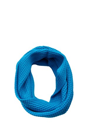 Un morbido sciarpa infinity lavorata a maglia in un vivace turchese, caratterizzata da un motivo a nido d'ape e bordi lisci per una vestibilità confortevole.
