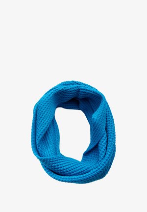 Pletený nekonečný šál v jasně tyrkysové barvě, s texturovaným vaflovým vzorem a hladkými okraji pro pohodlné nošení.