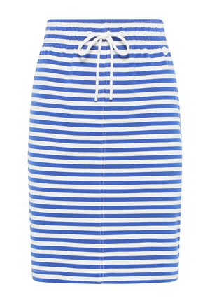 Gonna a righe con strisce orizzontali alternate blu e bianche, vita elastica con cordoncino e silhouette a matita dritta.