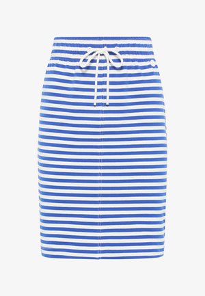 Gonna a righe con strisce orizzontali alternate blu e bianche, vita elastica con cordoncino e silhouette a matita dritta.