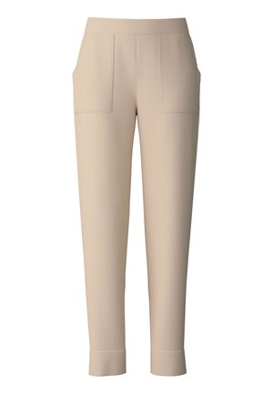 Beige broek met een rechte pasvorm, voorzien van twee voorzakken, verhoogde naaddetails en opgevouwen manchetten bij de enkels. Glad stofoppervlak.