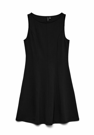 Robe noire sans manches en coupe trapèze, avec encolure ronde, corsage ajusté et détails de coutures discrètes sur le devant.