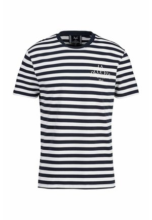 Gestreepte ronde hals t-shirt in navy en wit, met korte mouwen en een kleine witte grafische afbeelding op de borst, gemaakt van een lichte stof.