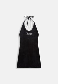 Fekete, pánt nélküli mini ruha puha, plüss anyagból. Az mellrészen 'Juicy' strasszkövekkel díszítve, kötős részlettel a nyaknál.