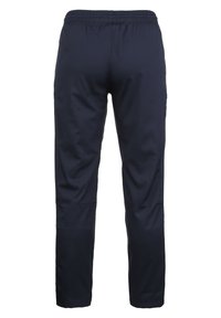 Marineblauwe sportbroek met een rekbare Tailleband, taps toelopende benen en een gladde textuur. Eenvoudig ontwerp zonder zichtbare patronen of accenten.