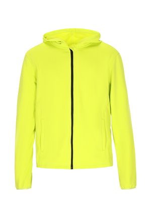Højtydende gul hoodie-jakke med frontlynlås, sorte accenter og to sidelommer. Fremstillet af blødt, letvægtsstof.