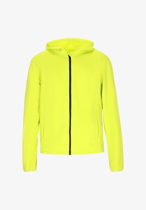 High-visibility yellow hoodie jacket with a front zipper, black accents, and two side pockets. Made from soft, lightweight fabric.