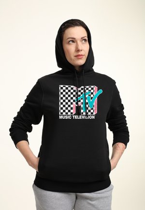 Black hooded sweatshirt featuring a checkered MTV logo in pink and turquoise, with "MUSIC TELEVISION" text centered below.