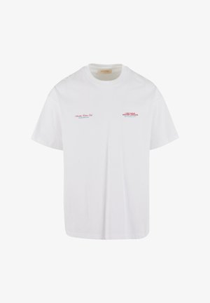 Witte katoenen t-shirt met een ronde hals, korte mouwen en rode opdruk op de voorkant. Eenvoudige, relaxte pasvorm zonder verdere patronen.