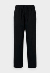Pantalons noirs amples avec une taille élastique et un cordon de serrage réglable. Texture lisse, coupe droite, sans motifs ni éléments visibles.