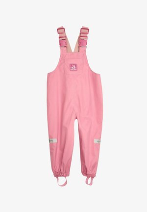 Lyserøde vandtætte overalls med justerbare stropper, elastiske manchetter og reflekterende detaljer. Fremstillet af glat, let materiale.