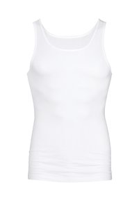 White tank top featuring a smooth, fitted design with no patterns. It has wide straps and a rounded neckline, made from lightweight fabric.