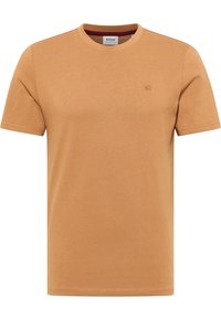 Short-sleeve t-shirt in light brown cotton, round neck, featuring a small embroidered logo on the chest, smooth texture, and standard fit.
