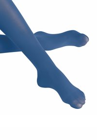 Collant blu trasparenti con una trama liscia, caratterizzati da una punta rotonda e un colore uniforme e compatto su tutta la superficie. Senza motivi o dettagli aggiuntivi.