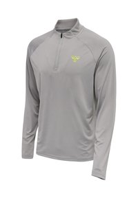 Hellgrauer, langärmeliger Sportpullover mit Viertel-Reißverschluss und kleinem gelbem Bienenlogo auf der linken Brust.