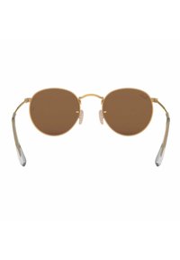 Occhiali da sole rotondi con montatura in metallo dorato, lenti marroni e puntali trasparenti. Presentano cuscinetti per il naso per il massimo comfort e un design elegante.