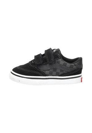 Black and gray checkered low-top sneaker with white sole and two Velcro straps for closure.