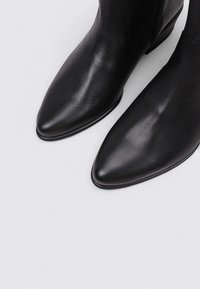 Bottines en cuir noir avec un bout pointu, texture lisse et un talon effilé. Design épuré avec une silhouette élégante et des coutures discrètes.