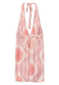 Robe halter sans manches rose et blanche à motifs tie-dye, avec un décolleté plongeant, un froncement à la taille et des liens au cou et au milieu du dos.