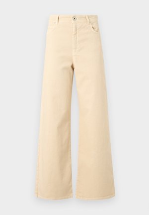 Beežid kõrge vöökohaga laiade säärtega teksapüksid ees nupuga, lukuga, vööaasadega ja kahe esitaskuga.