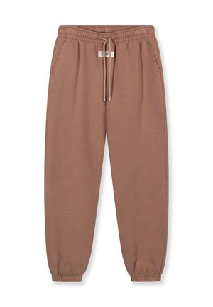 Pantaloni della tuta marroni realizzati in tessuto morbido, con un elastico in vita e un cordoncino, tasche laterali e polsini elastici alla caviglia.