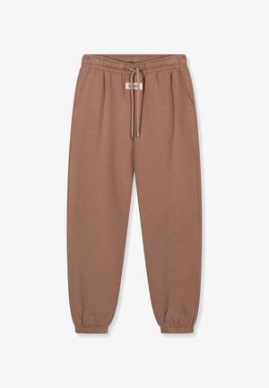 Brązowe dresy wykonane z miękkiego materiału, z elastyczną talią z sznurkiem, bocznymi kieszeniami i elastycznymi mankietami przy kostkach.