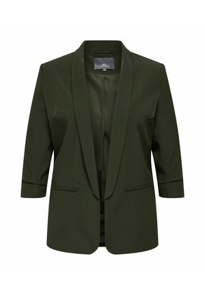 Mørkegrønn blazer for kvinner med trekvart lange ermer, åpen front, polstrede skuldre og to frontlommer med kantebånd.