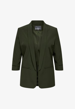 Dark green women's blazer with three-quarter sleeves, open front, padded shoulders, and two front welt pockets.