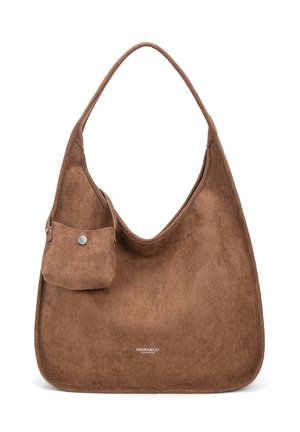 Borsa a tracolla in camoscio marrone con manico superiore curvo e piccola borsa attaccata, con logo "DIANA&CO FIRENZE" discreto al centro in basso.