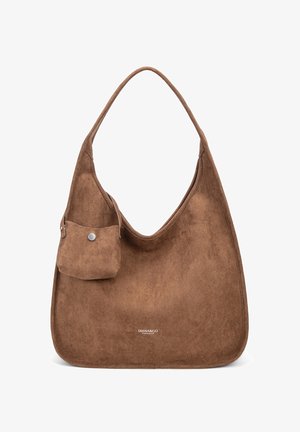 Brown suede shoulder bag with curved top handle and small attached pouch, featuring subtle "DIANA&CO FIRENZE" logo at bottom center.