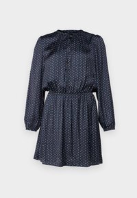 Laivansinis pitkähiha dressi punaisilla ja valkoisilla pilkuilla, vyötäröltä kireä, napitettu etuosa ja kauluskiristys.