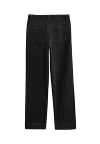 Pantalons en denim noir à coupe droite, avec deux poches arrière et une taille. Texture lisse avec un subtil éclat. Sans embellissements.
