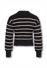 Črno-bela prugasta kratka majica s teksturo rebraste pletenine, valovitim robom in dolgimi rokavi. Izdelana iz mehke pletene tkanine.