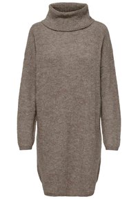 Vestito in maglia chunky di un caldo colore marrone. Presenta un alto collo a cappuccio, maniche lunghe e spacchi laterali per un fit rilassato. Motivo testurizzato su tutta la superficie.