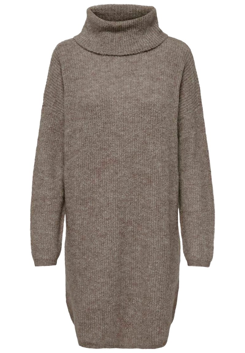 Vestito in maglia chunky di un caldo colore marrone. Presenta un alto collo a cappuccio, maniche lunghe e spacchi laterali per un fit rilassato. Motivo testurizzato su tutta la superficie.