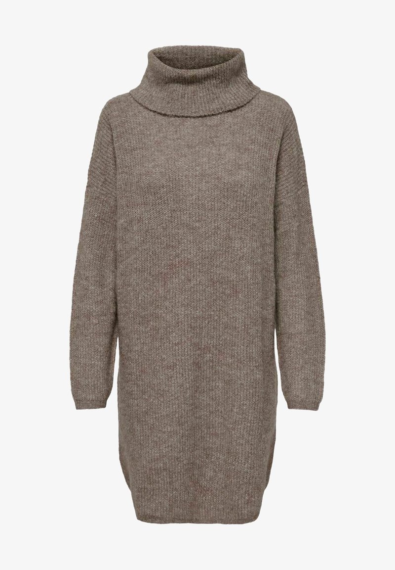Vestito in maglia chunky di un caldo colore marrone. Presenta un alto collo a cappuccio, maniche lunghe e spacchi laterali per un fit rilassato. Motivo testurizzato su tutta la superficie.
