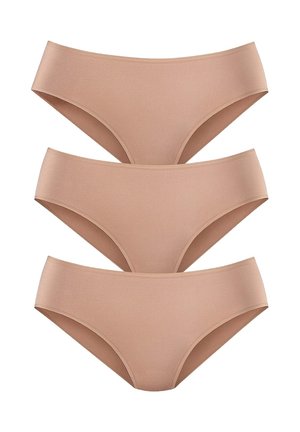 Tres pares de braguitas tipo bikini de algodón beige claro sin costuras, con una cintura elástica y lisa, y un diseño sencillo y clásico.