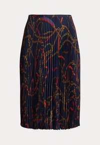 Faltenrock aus leichtem Stoff mit marineblauem Hintergrund und Details eines Kettenmusters in Rot, Braun und Gold.