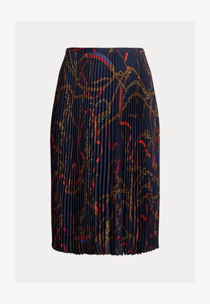 Plissert skjørt laget av lett stoff, med marineblå bakgrunn og detaljer i rødt, brunt og gull i kjedemønster.