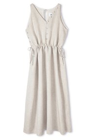 Robe longue sans manches gris clair avec un col en V, des boutons sur le devant, une taille élastiquée et un cordon décoratif à la taille.