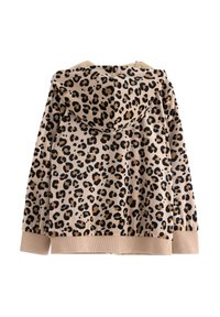 Veste à capuche beige avec un motif léopard noir et marron et des poignets et un ourlet côtelés, montrée de dos sur un fond blanc.