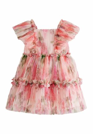 Robe rose fleurie pour tout-petit avec manches courtes à volants, taille froncée et jupe à étages en tissu doux plissé avec motifs floraux délicats.