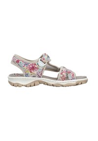 Sandale beige et blanche à bout ouvert avec motif floral, brides réglables en velcro, semelle intérieure rembourrée et semelle en caoutchouc texturée.