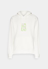 Sweat à capuche blanc avec une poche avant, présentant un motif graphique coloré en rose et vert. Le tissu semble doux avec une texture lisse.