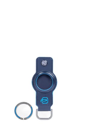 Leder-Schlüsselanhänger in Marineblau, entworfen für Apple AirTag, mit rundem Druckknopf und metallischem Schlüsselring daneben.