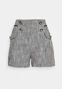 Černo-bílé šortky s houndstooth vzorem, vysokým pasem, dekorativními zlatými knoflíky a klopovými kapsami po stranách.